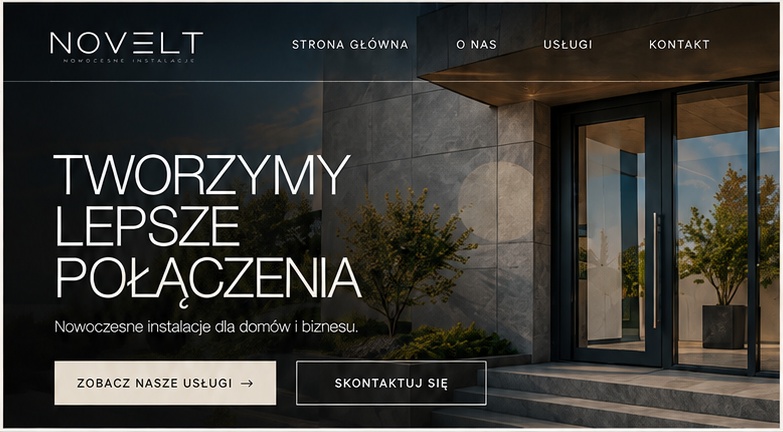 Projekt strony Novelt dla usług elektrycznych w czerni i beżu.